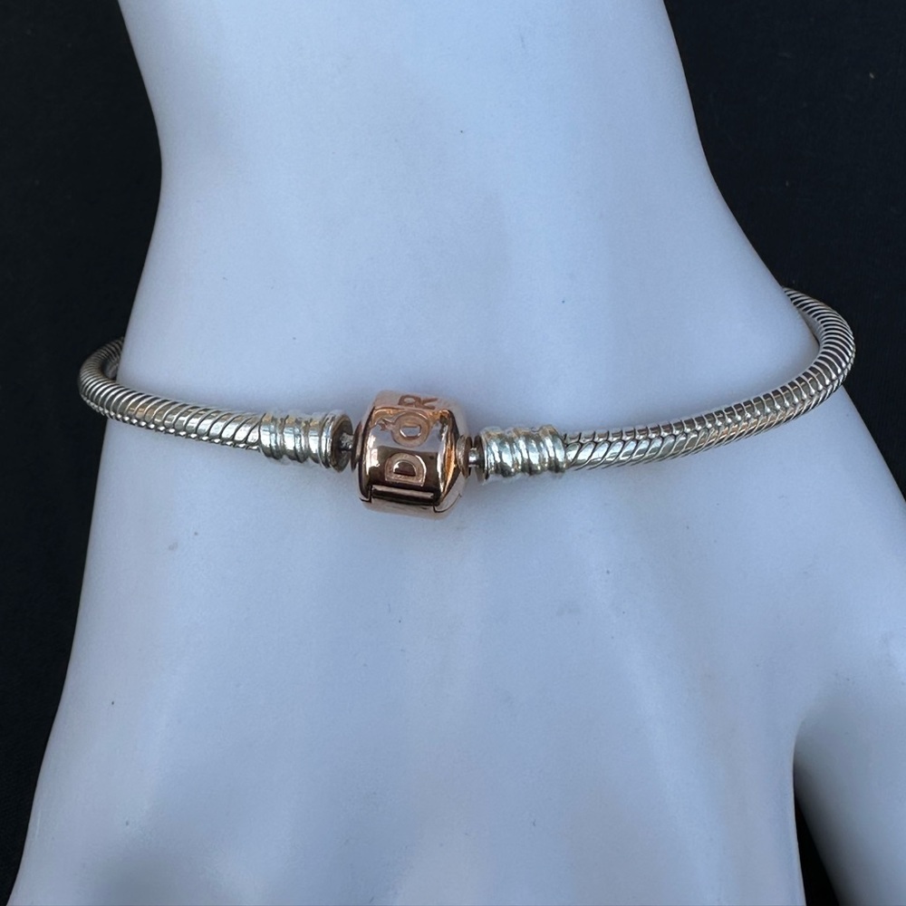 Pandora silver snake chain with rose gold barrel clasp 7.5